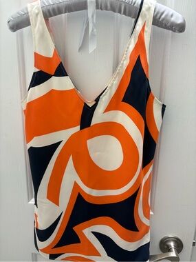 Theory Cream, Orange & Navy Printed Top